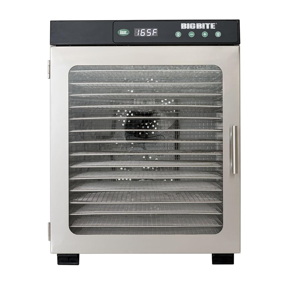 Chattanooga LEM 16-Tray stainless steel food dehydrator with adjustable trays and digital controls for drying fruits and meats.