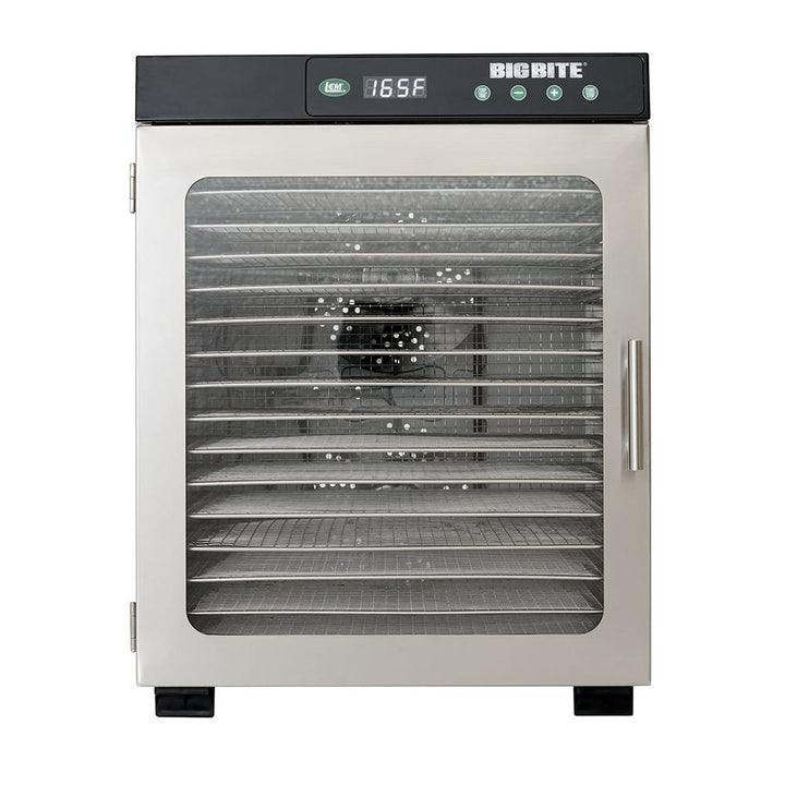 Chattanooga LEM 16-Tray stainless steel food dehydrator with adjustable trays and digital controls for drying fruits and meats.