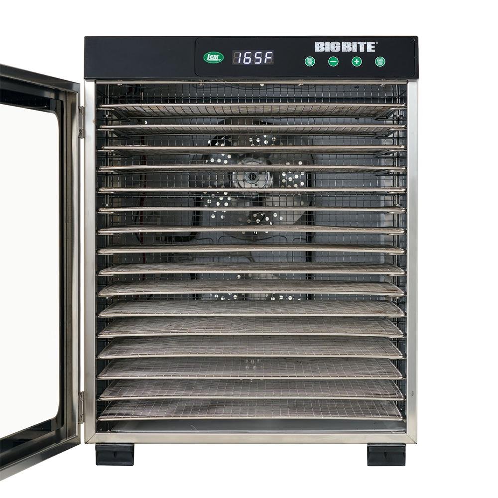Chattanooga LEM 16-Tray stainless steel food dehydrator with multiple trays for drying herbs, fruits, and meats.