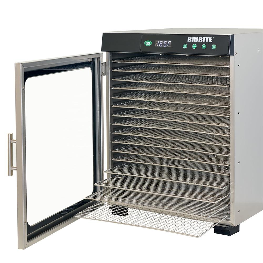 Chattanooga LEM 16-Tray stainless steel food dehydrator with adjustable trays and digital controls for drying fruits and jerky.