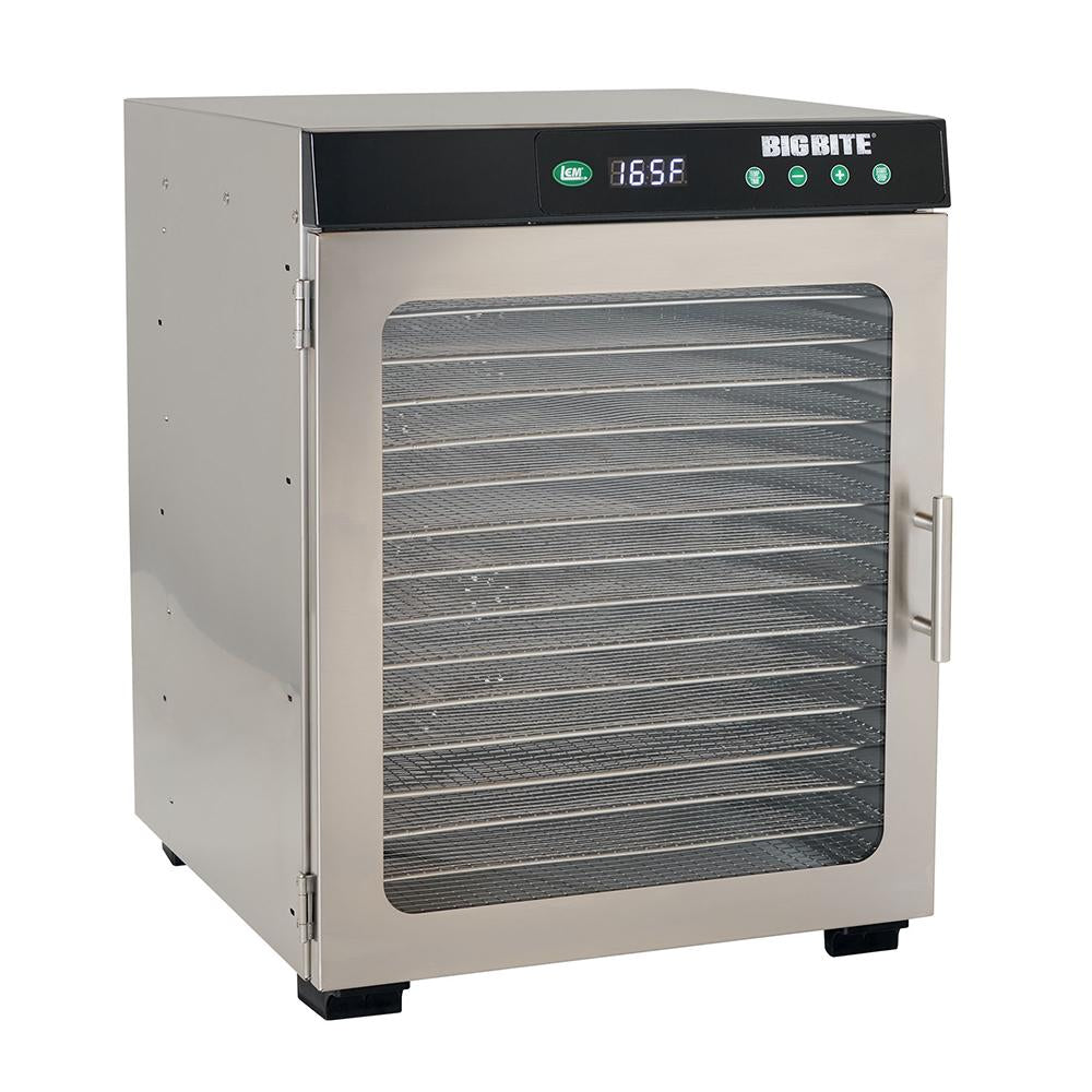 Chattanooga LEM 16-Tray stainless steel food dehydrator with adjustable trays and digital controls for drying fruits and jerky.