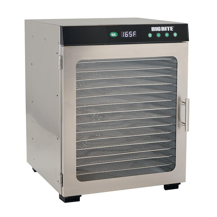 Chattanooga LEM 16-Tray stainless steel food dehydrator with adjustable trays and digital controls for drying fruits and jerky.