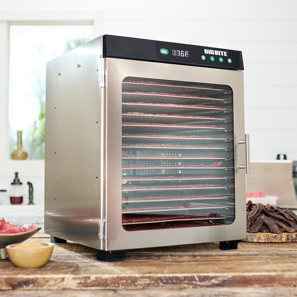 Chattanooga LEM 16-Tray stainless steel food dehydrator with multiple trays for drying fruits, vegetables, and jerky.