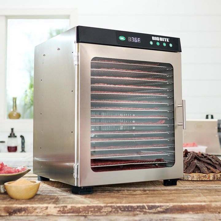 Chattanooga LEM 16-Tray stainless steel food dehydrator with multiple trays for drying fruits, vegetables, and jerky.