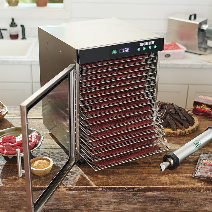 Chattanooga LEM 16-Tray stainless steel food dehydrator with multiple trays for drying herbs, fruits, and jerky.