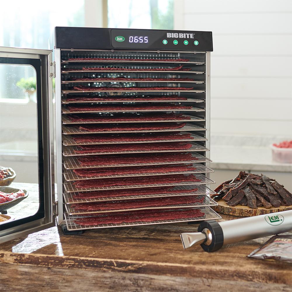 LEM 16-tray stainless steel food dehydrator by Chattanooga with multiple trays for drying fruits, vegetables, and jerky.