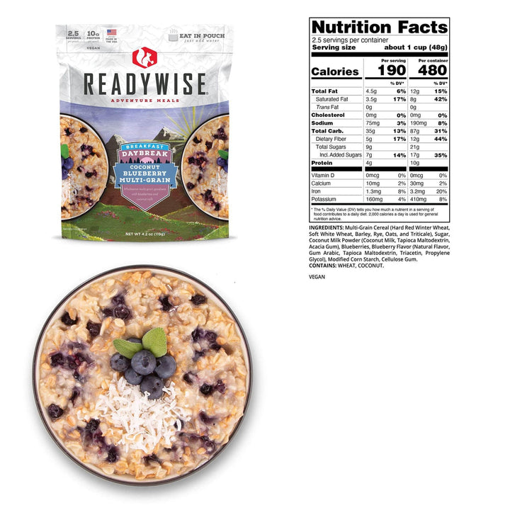 ReadyWise Daybreak Coconut Blueberry Multigrain Meal Pouch 4 oz Quick Prep - POWER FIT SHOP — Powering Preparedness, Health &amp; Home