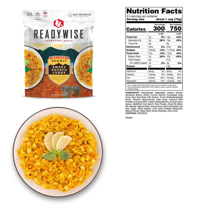 Chattanooga Readywise Summit Sweet Potato Curry freeze-dried vegan meal in a 6.6 oz package, suitable for outdoor food and long shelf life.