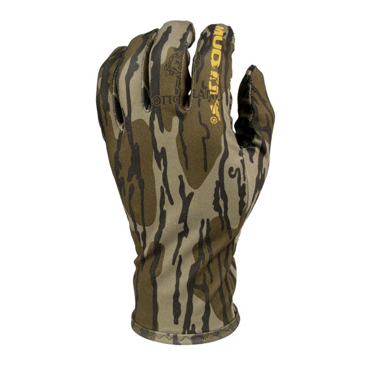 Chattanooga Muddy lightweight fleece gloves in Mossy Oak Bottomland camo, warm grip fit, XL size, suitable for outdoor activities.