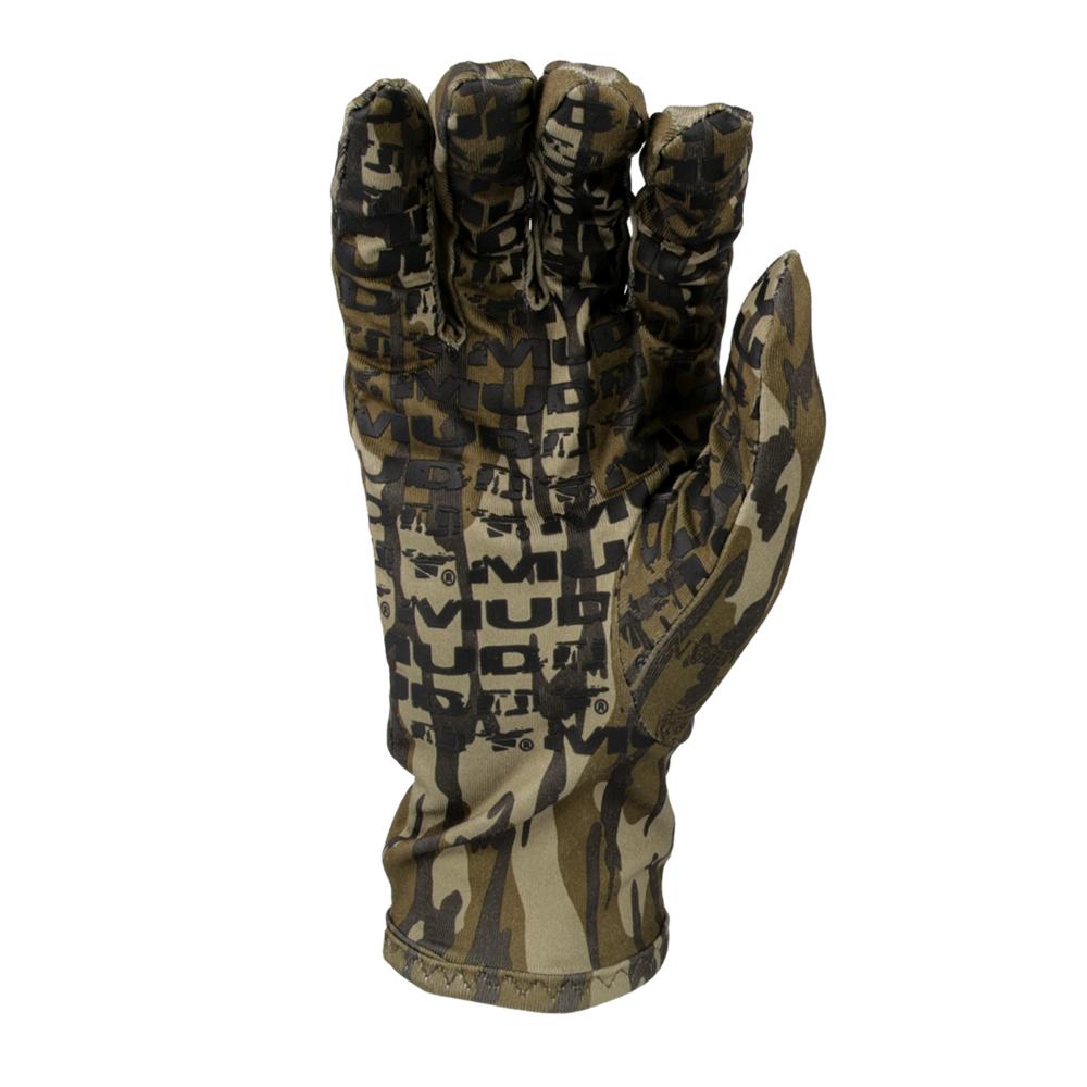 Chattanooga Muddy lightweight fleece gloves in Mossy Oak Bottomland camouflage, warm grip fit, XL size, for outdoor activity.