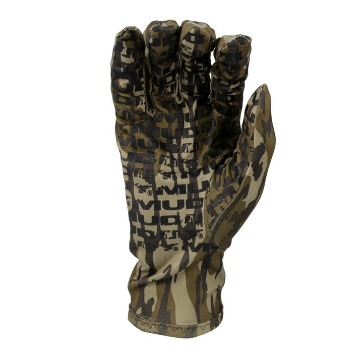 Chattanooga Muddy lightweight fleece gloves in Mossy Oak Bottomland camouflage, warm grip fit, XL size, for outdoor activity.