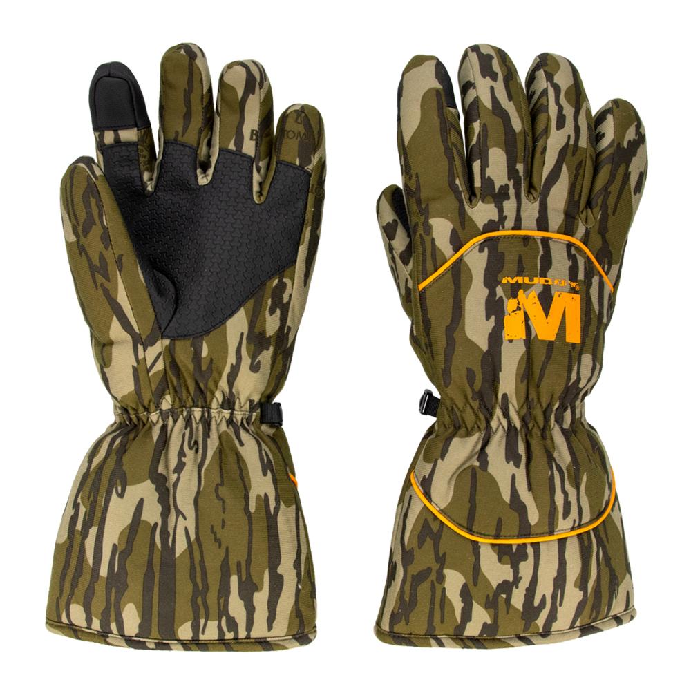 Chattanooga Muddy Waterproof Insulated Gloves in Mossy Oak Bottomland camouflage, XL size, designed for warm outdoor wear.