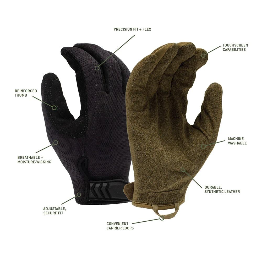 Chattanooga Pyramex Safety Venture Gear gloves, medium-duty adjustable coyote brown work gloves, showing the durable material and fit.