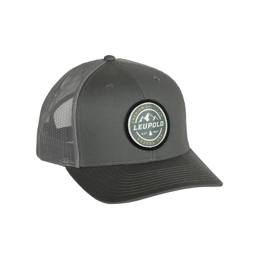 Chattanooga Leupold Cascade grey adjustable trucker hat with mesh back and curved brim, outdoor cap for comfortable fit.