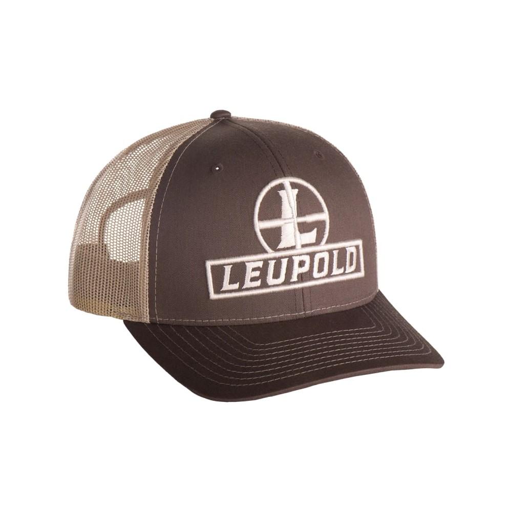 Brown Khaki Leupold Reticle Trucker Hat by Chattanooga with adjustable breathable mesh cap and front logo detail.