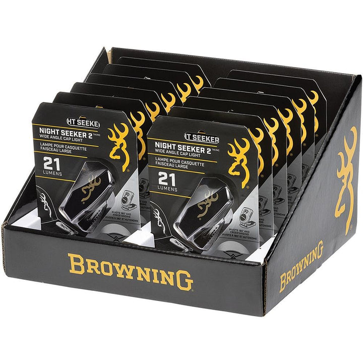 Chattanooga Browning Night Seeker 2 wide-angle cap light headlamps, 21 lumens, 12-pack display for hands-free illumination.