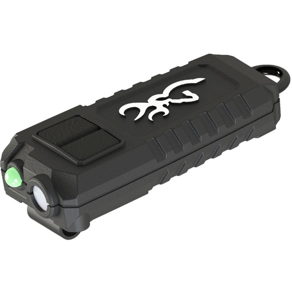 Black Browning Trailmate rechargeable USB cap flashlight worn as a headlamp, designed for hands-free illumination during outdoor activities.