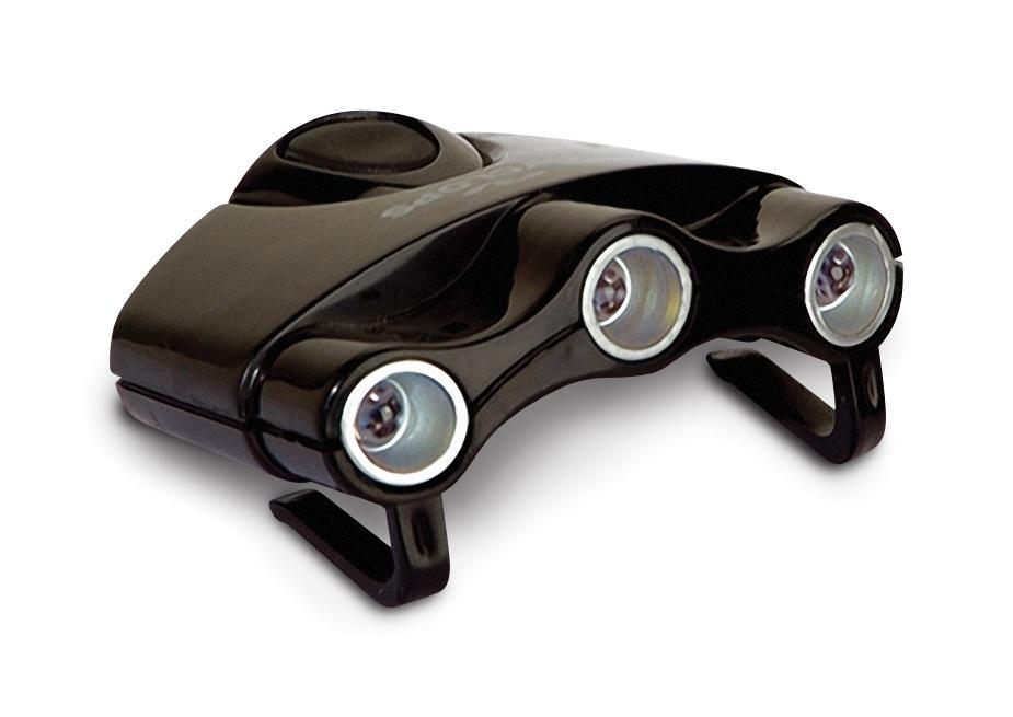 Chattanooga Cyclops Orion headlamp with hat clip and 3 LED lights for hands-free outdoor lighting, worn on the head.