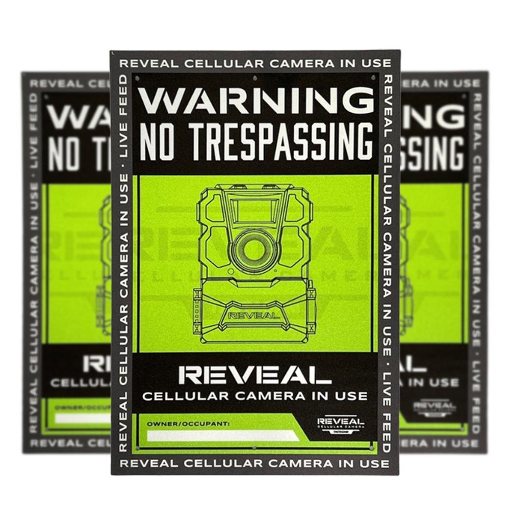 Set of three durable weatherproof Tactacam No Trespassing Signs by Chattanooga for outdoor health and safety security warnings.