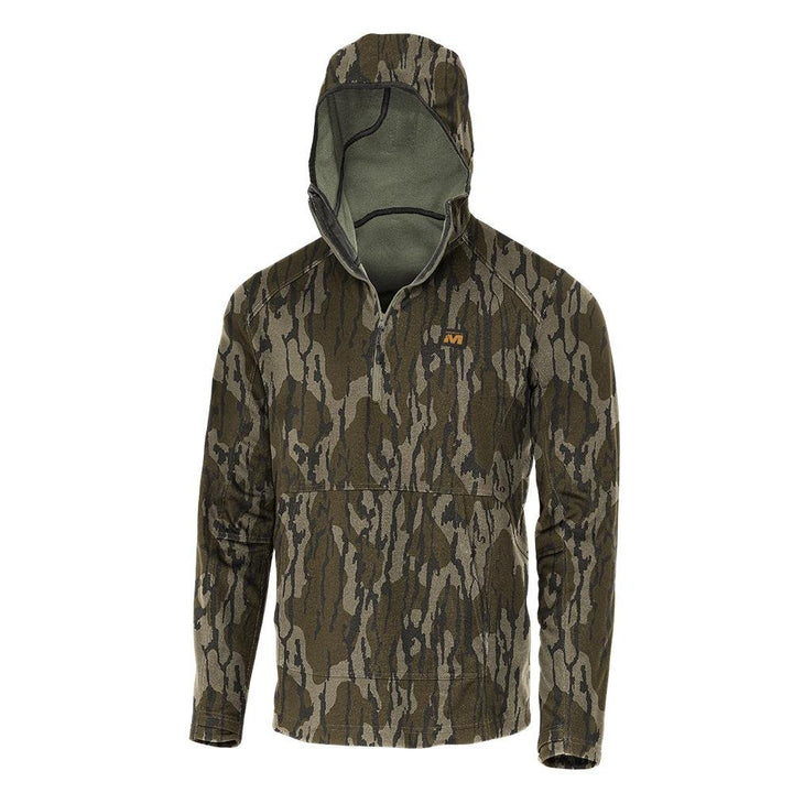 Chattanooga Muddy DV8 Quest midweight quarter zip hoodie in Mossy Oak Bottomland, size 3XL, showing front view with hood and zip.