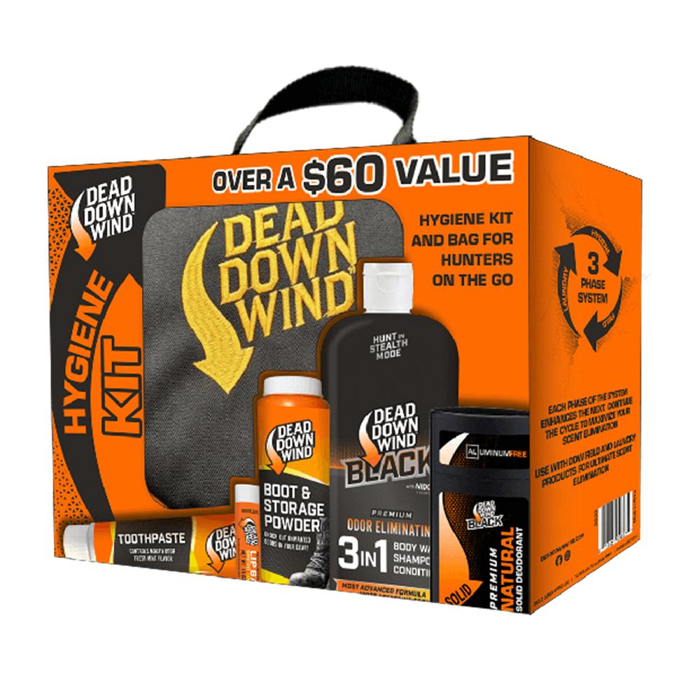 Chattanooga D Down Wind Hygiene Kit with 5-piece travel bag set containing odor-eliminating body care products in a compact bag.