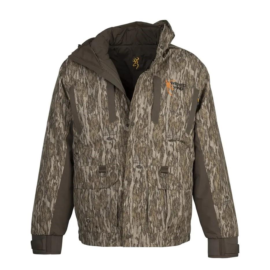 Chattanooga Browning Cold Front Parka in Mossy Oak Bottomland camouflage, waterproof and breathable jacket for outdoor wear.