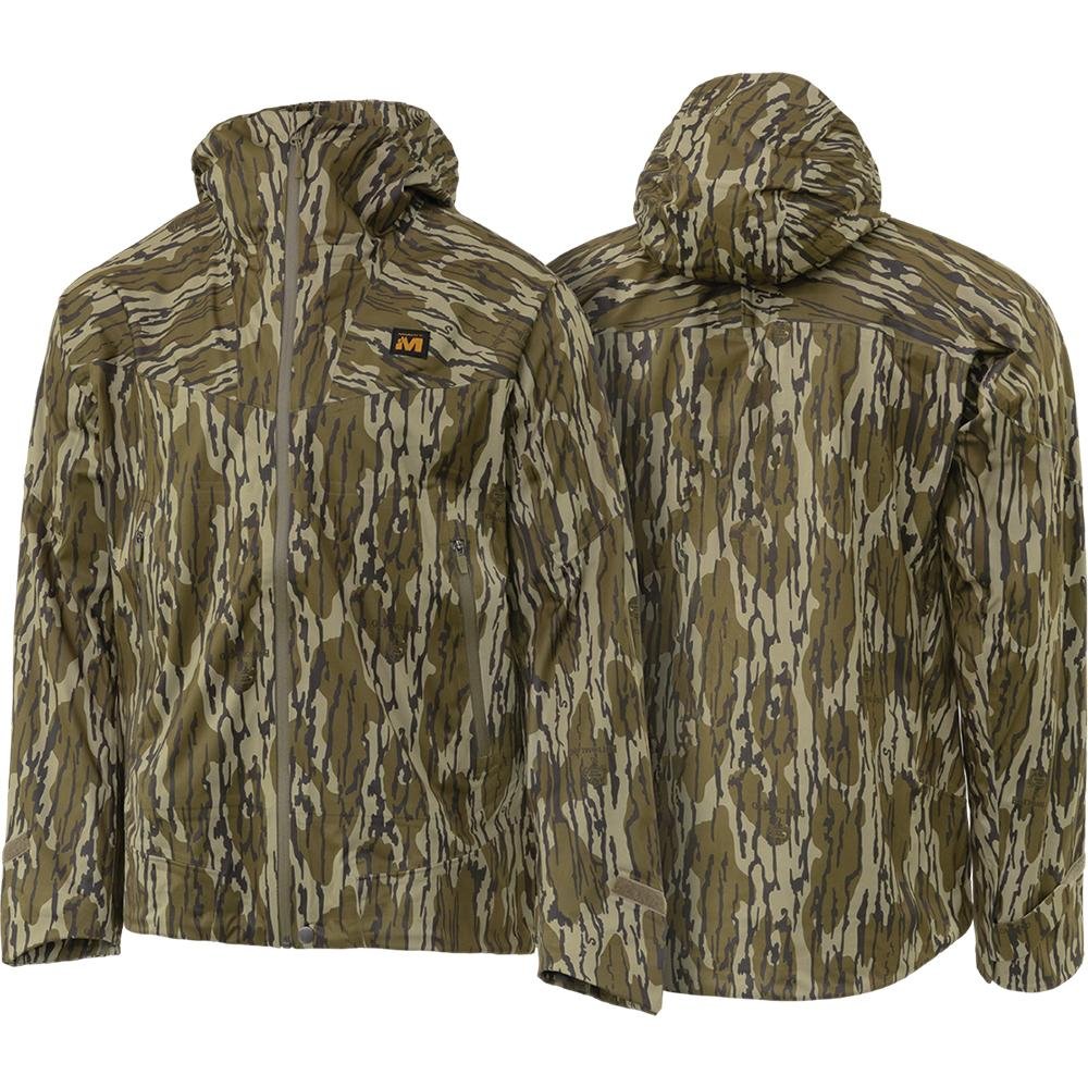 Chattanooga Muddy DV8 Cyclone 3L Rain Jacket in Mossy Oak Bottomland, waterproof jacket with hood and full front zipper.