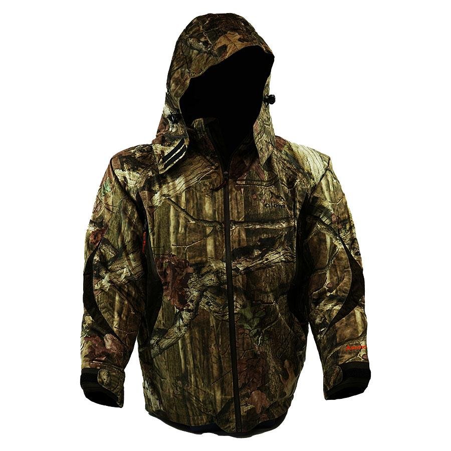 Chattanooga Absolute Outdoor Performance Fit Jacket in Mossy Oak Infinity Camo, medium size, displayed on a hanger.