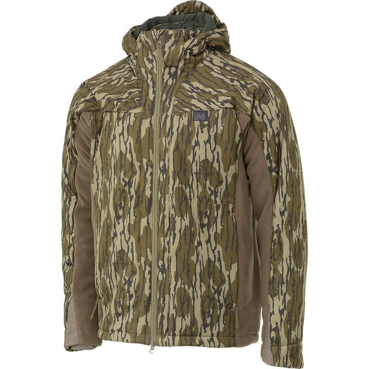 Chattanooga Muddy DV8 Enduro Jacket in Mossy Oak Bottomland, medium, outdoor waterproof jacket with camo pattern.