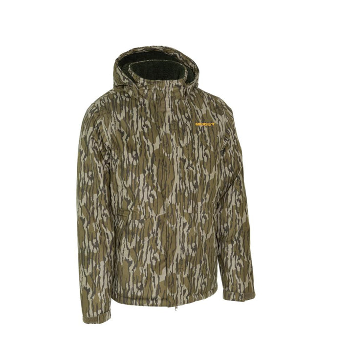 Chattanooga Muddy TRX Sherpa fleece waterproof jacket in Mossy Oak Bottomland, large outdoor coat with a fleece lining and camouflage pattern.