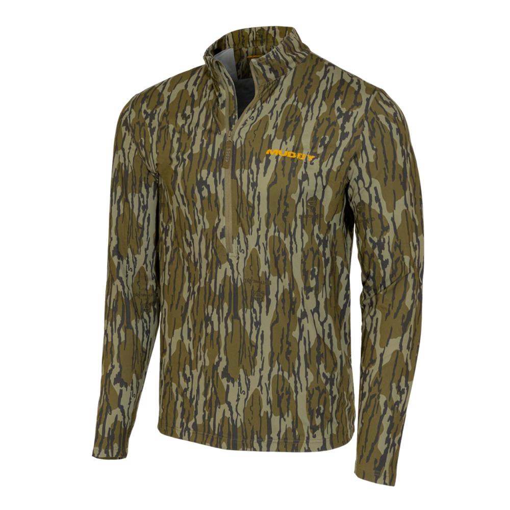 Chattanooga Muddy TRX lightweight quarter zip jacket in Mossy Oak Bottomland camouflage, medium size, shown on a hanger.