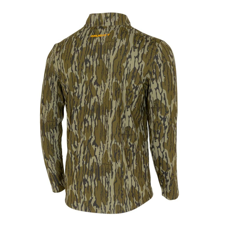 Chattanooga Muddy TRX lightweight quarter zip jacket in Mossy Oak Bottomland camouflage, medium size, close-up view of fabric and design