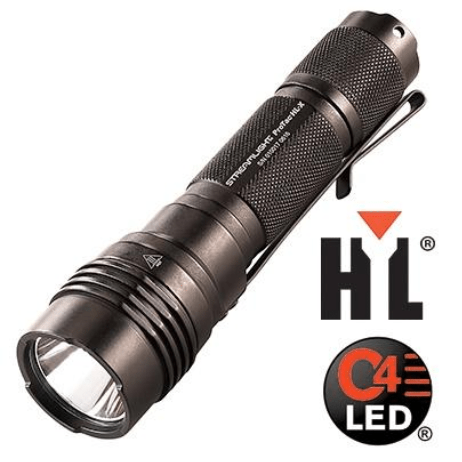 Streamlight ProTac HL-X flashlight in black showing its compact design, 1000 lumens output, with two CR123A lithium batteries.