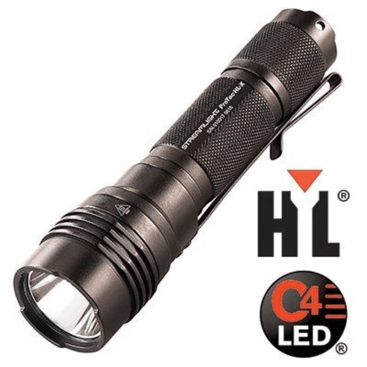 Black Streamlight ProTac HL-X rechargeable LED flashlight with 1000 lumens from Chattanooga, featuring a durable design and high brightness.