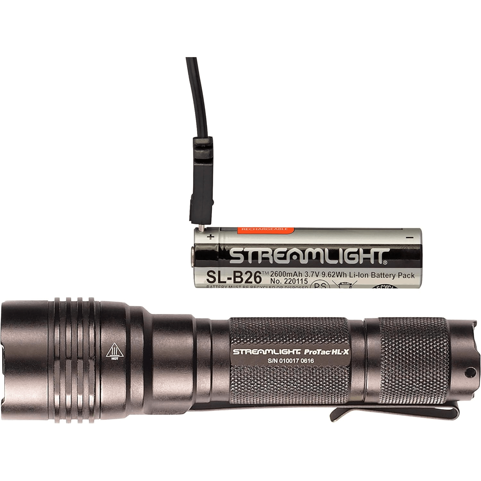 Black Streamlight ProTac HL-X LED flashlight with rechargeable battery, 1000 lumens, by Chattanooga, shown on a plain background.