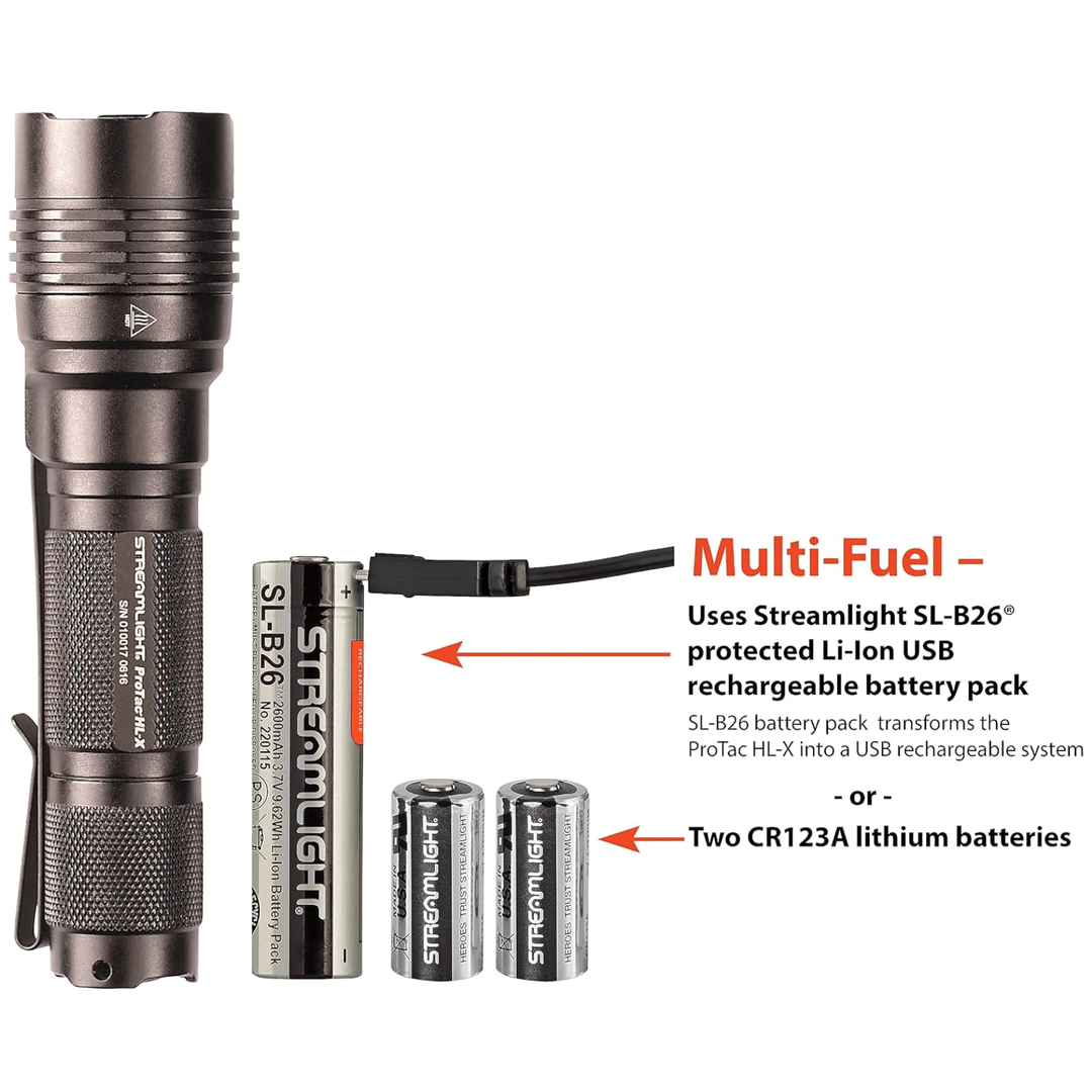 Black Streamlight ProTac HL-X rechargeable LED flashlight with 1000 lumens and durable design.
