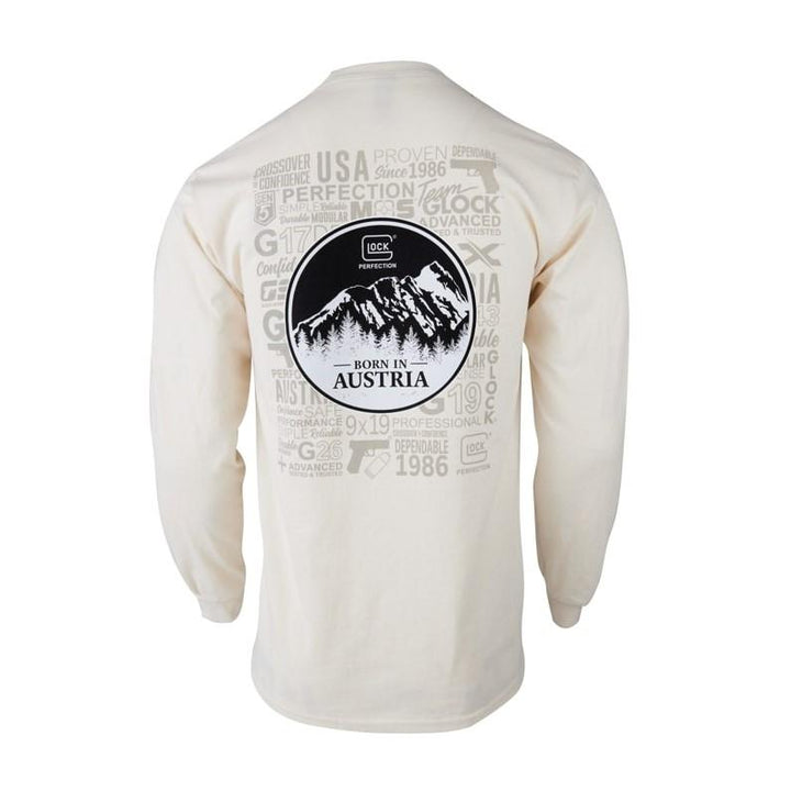 Chattanooga Glock Born In Austria tan long sleeve shirt in 3XL, made of comfortable cotton, casual wear with chest pocket and button cuffs.