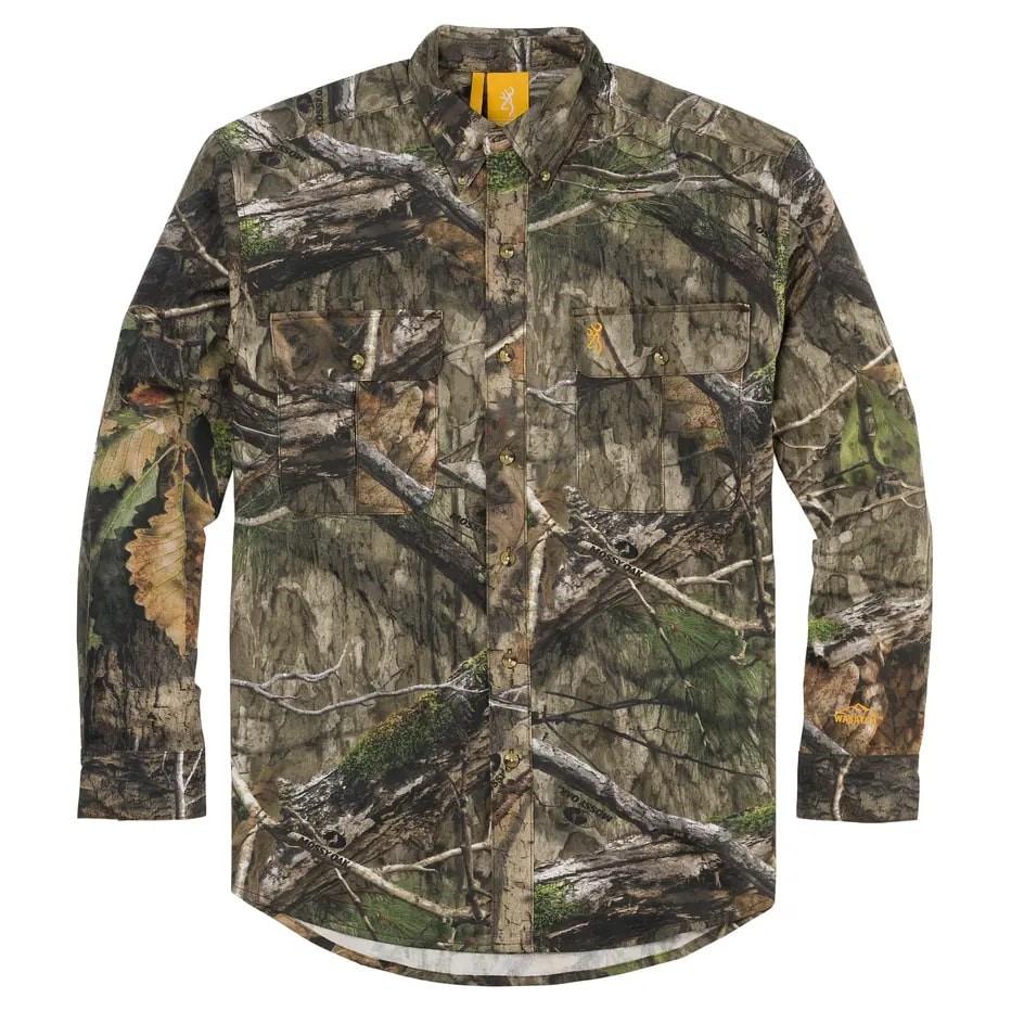 Chattanooga Browning Wasatch CB long sleeve shirt in Mossy Oak DNA with button front and two chest pockets, size XL.