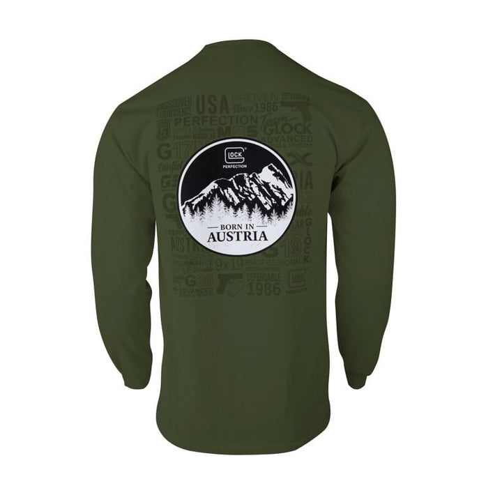 Green Glock Born In Austria long sleeve shirt by Chattanooga, featuring comfortable cotton fabric for casual wear.