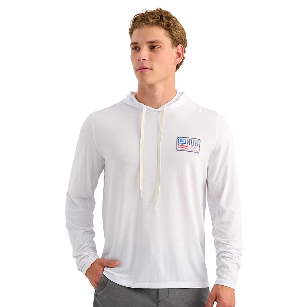 Chattanooga Huk Drift white lightweight long sleeve hoodie, performance pullover sweatshirt, size large, casual apparel.