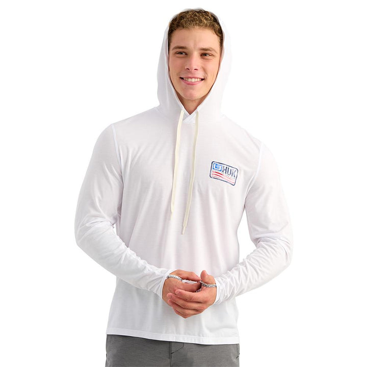Chattanooga Huk Drift Hoodie, white lightweight long sleeve pullover sweatshirt, size large, casual performance hoodie for men.