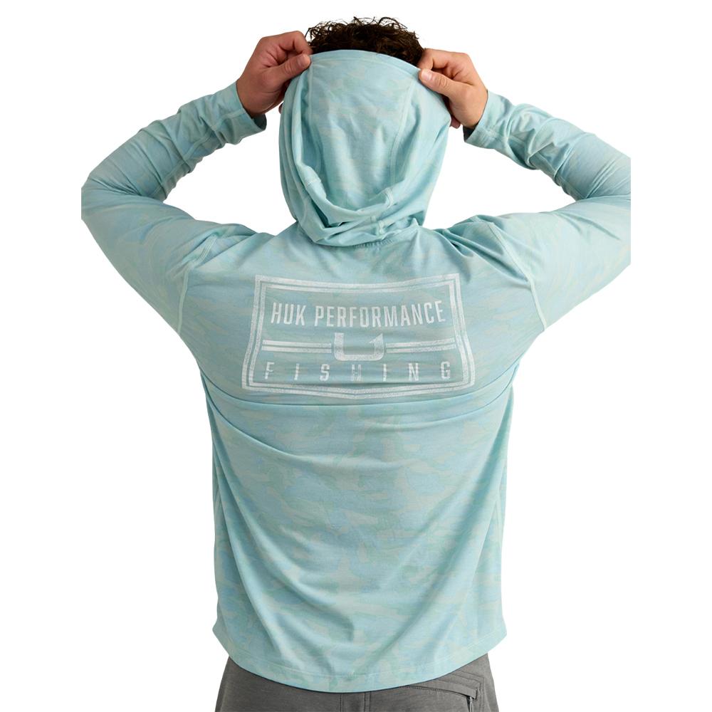 Chattanooga Huk Drift printed hoodie in heron blue, lightweight pullover sweatshirt with long sleeves, size small.