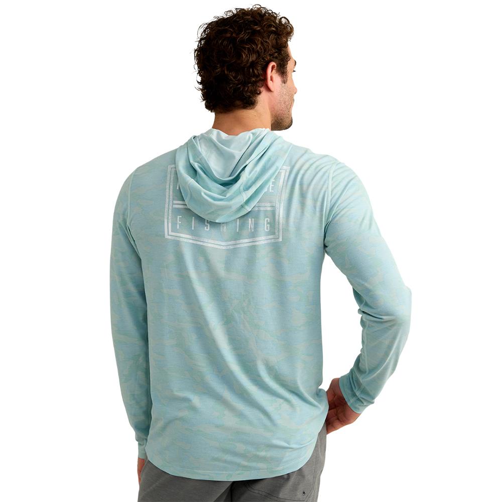 Chattanooga Huk Drift printed hoodie in heron blue, lightweight long sleeve pullover sweatshirt, size S, featuring a casual, stylish design.