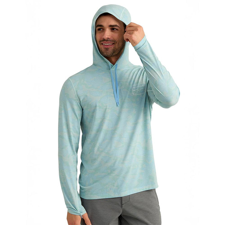 Chattanooga Huk Drift printed hoodie in Heron Blue, lightweight pullover sweatshirt with long sleeves, size S.