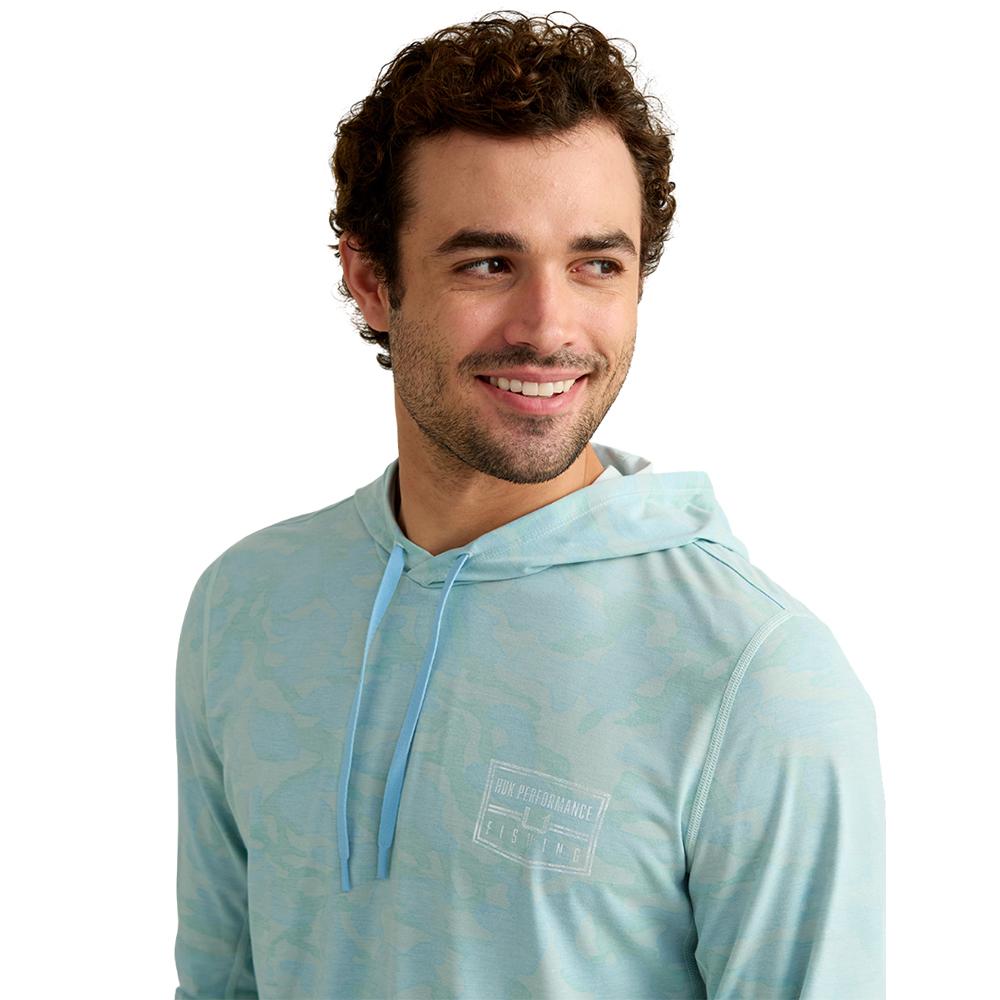 Chattanooga Huk Drift printed hoodie in Heron Blue, lightweight pullover sweatshirt with long sleeves, size S.