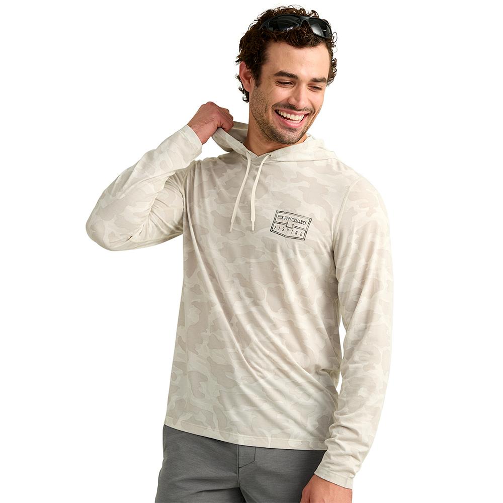Chattanooga Huk Drift printed hoodie in Silver Birch, lightweight long sleeve pullover sweatshirt, size L, with a printed design.