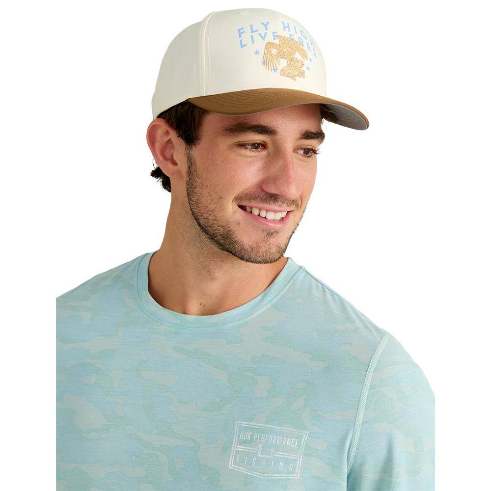 Chattanooga Huk Drift printed long sleeve crew shirt in Heron Blue, lightweight performance fabric, size XL, casual outdoor style.