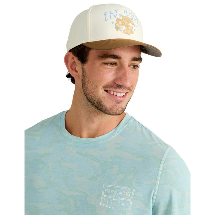 Chattanooga Huk Drift printed long sleeve crew shirt in Heron Blue, lightweight performance fabric, size XL, casual outdoor style.