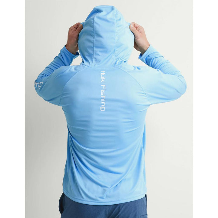 Chattanooga HUK Pursuit Hoodie in Marolina Blue, long sleeve shirt, XL size, shown on a hanger.