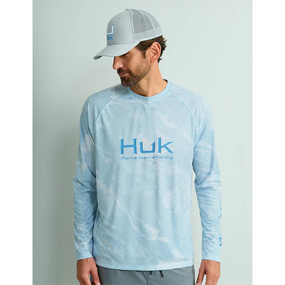 Chattanooga Huk Pursuit Mossy Oak printed long sleeve shirt with bonefish design in XL size, featuring camo pattern and crew neck.